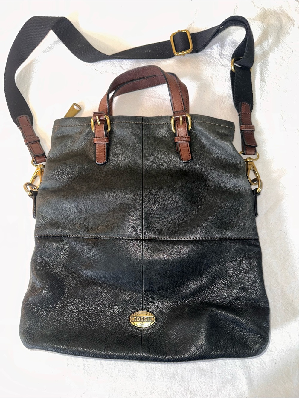 Fossil Big Black Leather Crossbody Foldover Tote with Brown Handles